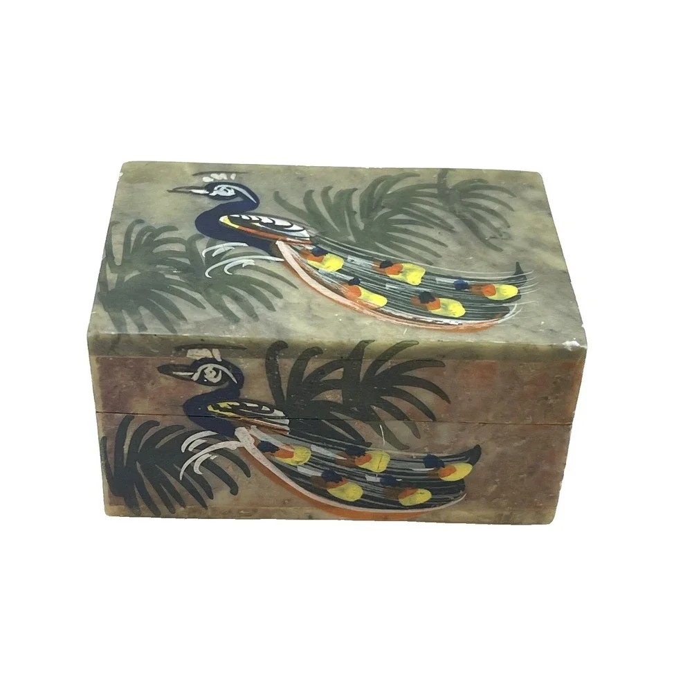 Hand Painted Handmade Soapstone Elephant & Peacock Trinket Jewelry Boxes Set